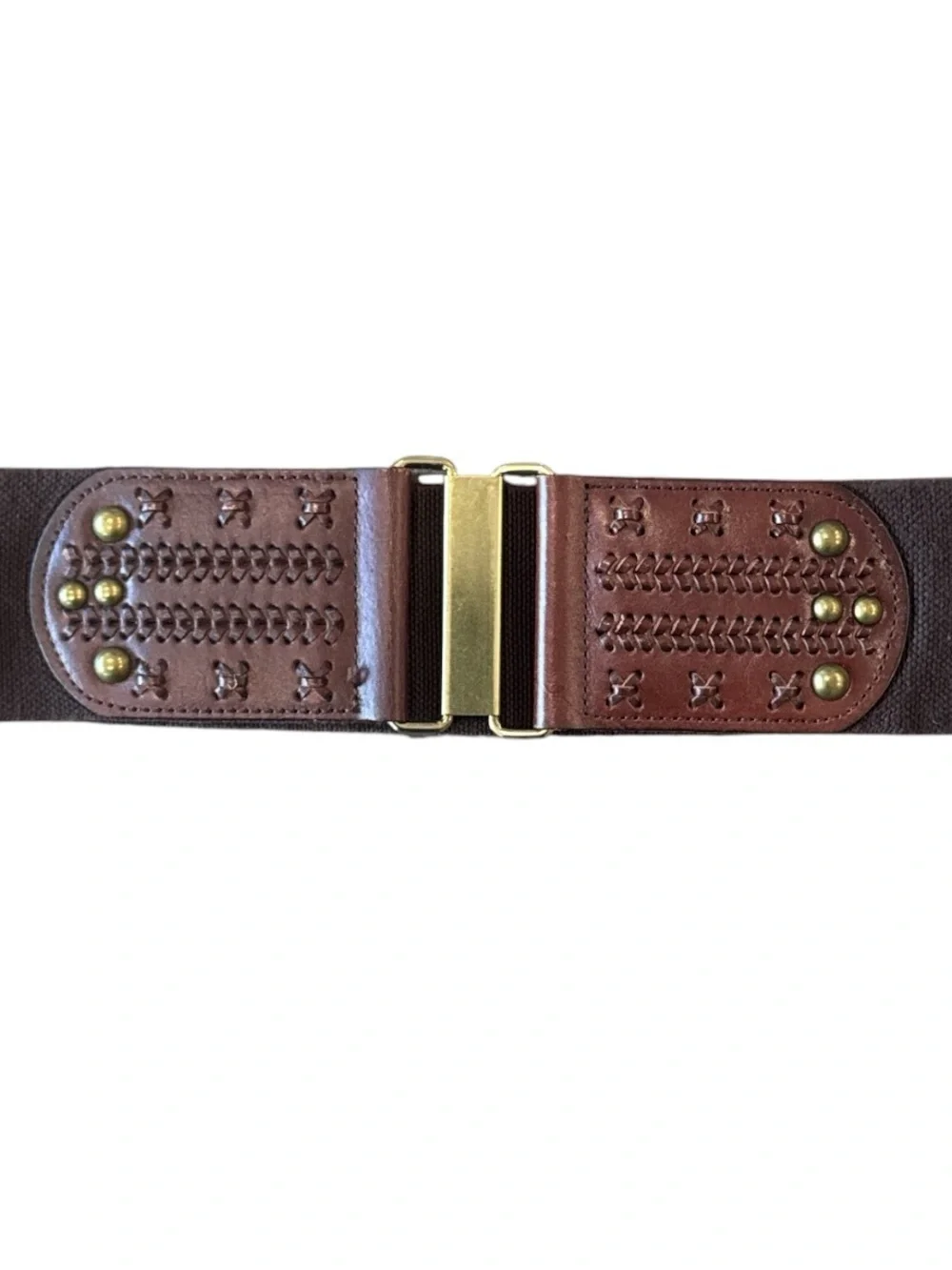 Banana Republic Brown Wide Stretch Belt Leather Whipstitch Brass Studs Size M/L